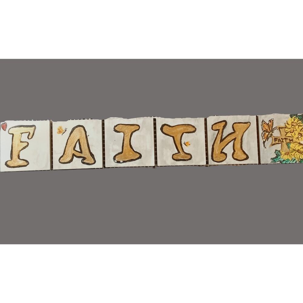 Rustic FAITH Tiles Set Hand-painted Christian Decor Sunflower Cross Folk Art